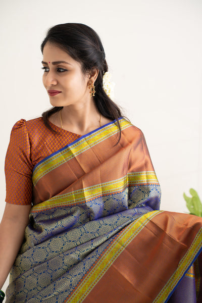 Peacock Blue and Rust Orange Thread Brocade Pure Kanchipuram Silk Saree - Clio Silks