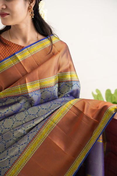 Peacock Blue and Rust Orange Thread Brocade Pure Kanchipuram Silk Saree - Clio Silks