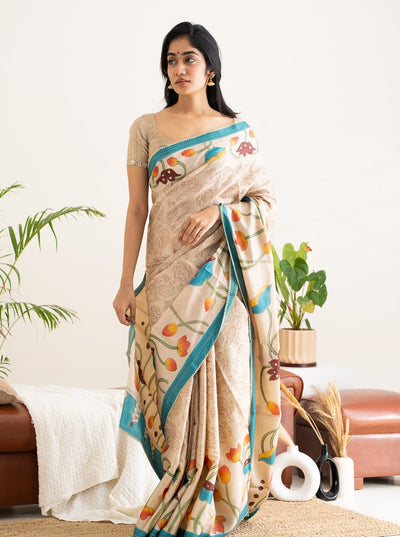 Beige Embroidered Kalamkari Printed Pure Tussar Designer Saree - Clio Silks