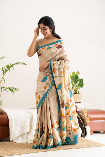 Beige Embroidered Kalamkari Printed Pure Tussar Designer Saree - Clio Silks