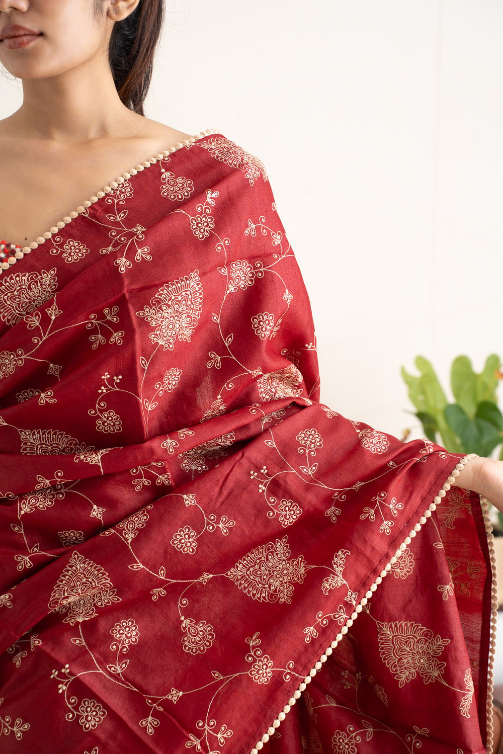 Maroon Embroidered Pure Tussar Saree - Clio Silks