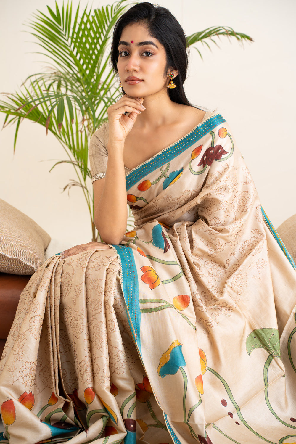 Beige Embroidered Kalamkari Printed Pure Tussar Designer Saree - Clio Silks