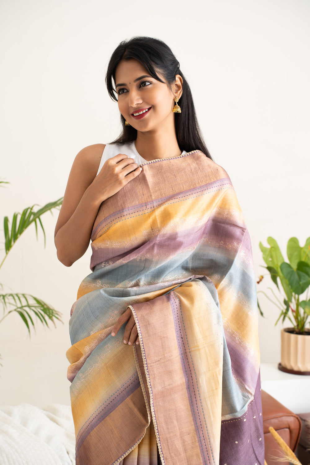 Ombre Shaded Embroidered Pure Tussar Fancy Saree - Clio Silks