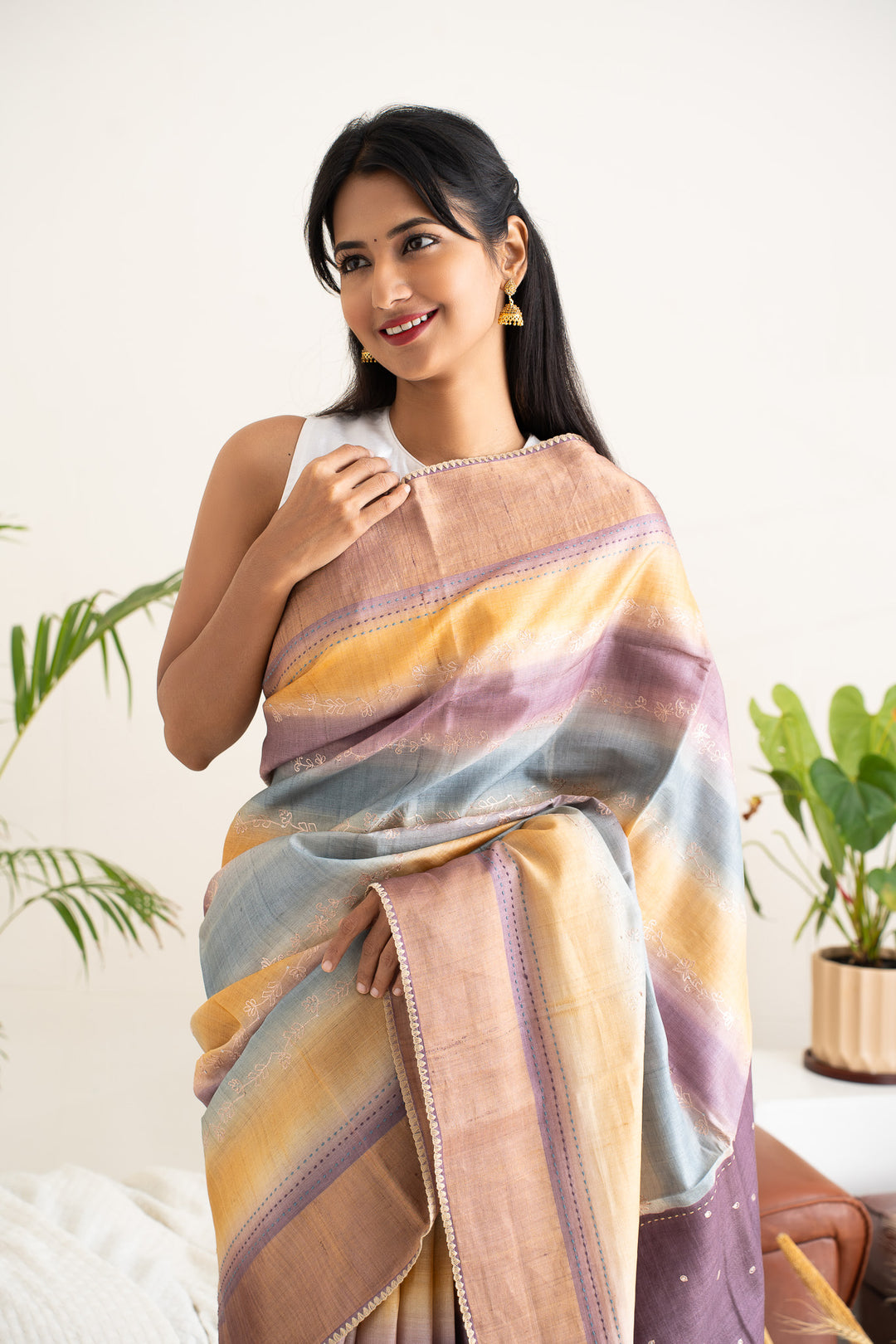 Ombre Shaded Embroidered Pure Tussar Fancy Saree - Clio Silks