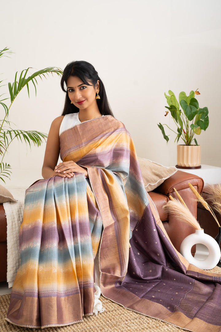 Ombre Shaded Embroidered Pure Tussar Fancy Saree - Clio Silks