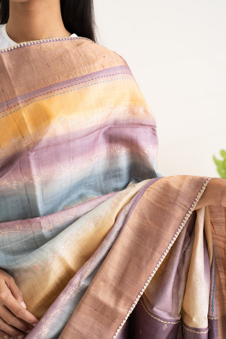 Ombre Shaded Embroidered Pure Tussar Fancy Saree - Clio Silks