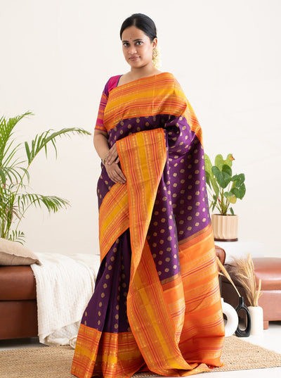 Aubergine Purple and Orange Pure Zari Kanchipuram Silk Saree - Clio Silks