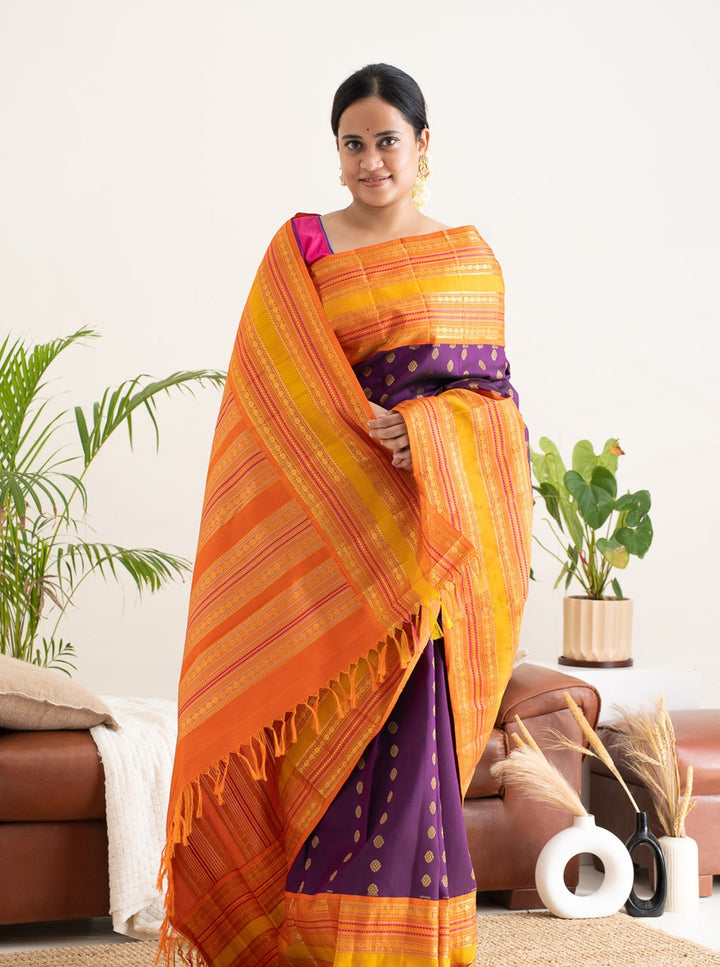 Aubergine Purple and Orange Pure Zari Kanchipuram Silk Saree - Clio Silks