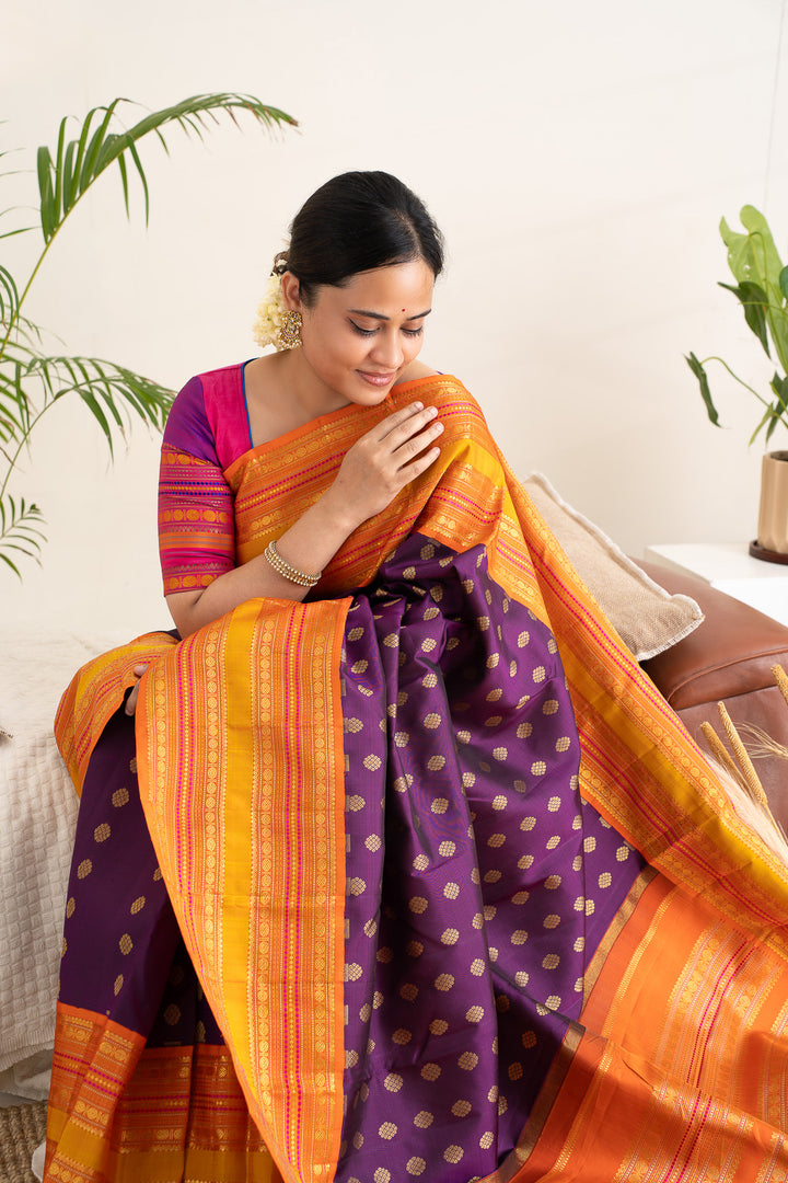 Aubergine Purple and Orange Pure Zari Kanchipuram Silk Saree - Clio Silks