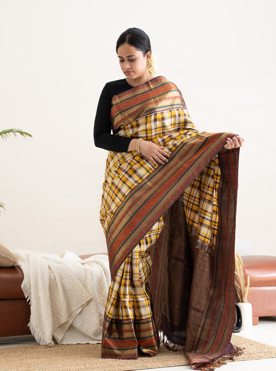 Yellow and Brown Multi Checks Pure Zari Kanchipuram Silk Saree - Clio Silks
