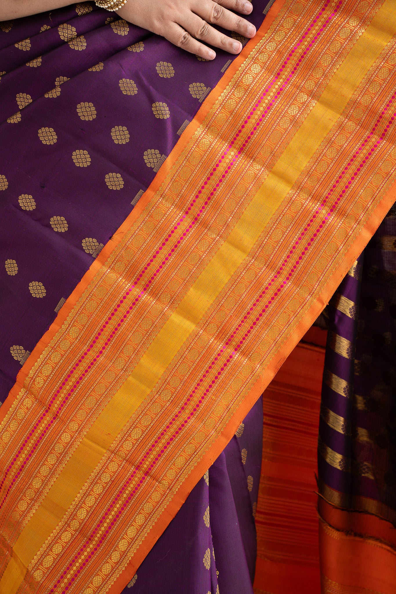 Aubergine Purple and Orange Pure Zari Kanchipuram Silk Saree - Clio Silks