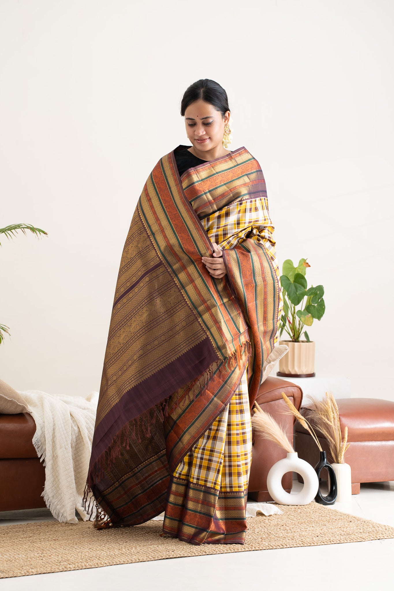 Yellow and Brown Multi Checks Pure Zari Kanchipuram Silk Saree - Clio Silks