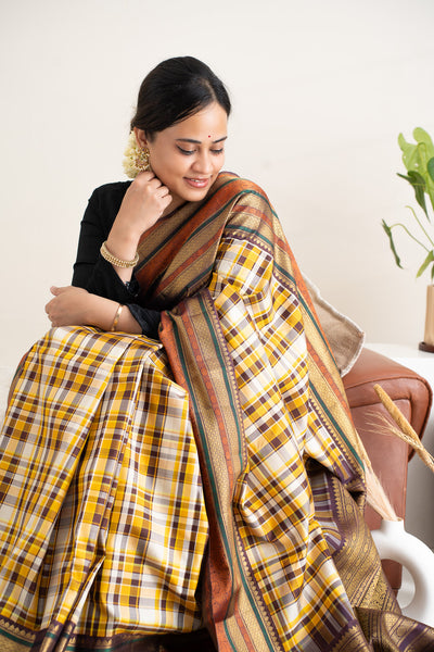 Yellow and Brown Multi Checks Pure Zari Kanchipuram Silk Saree - Clio Silks
