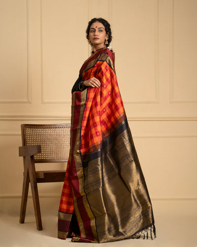 Orange and Maroon Pure Zari Checks Kanchipuram Silk Saree - Clio Silks