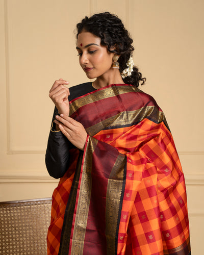 Orange and Maroon Pure Zari Checks Kanchipuram Silk Saree - Clio Silks