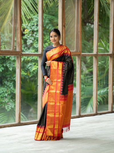 Black and Red Korvai Pure Kanchipuram Silk Saree - Clio Silks