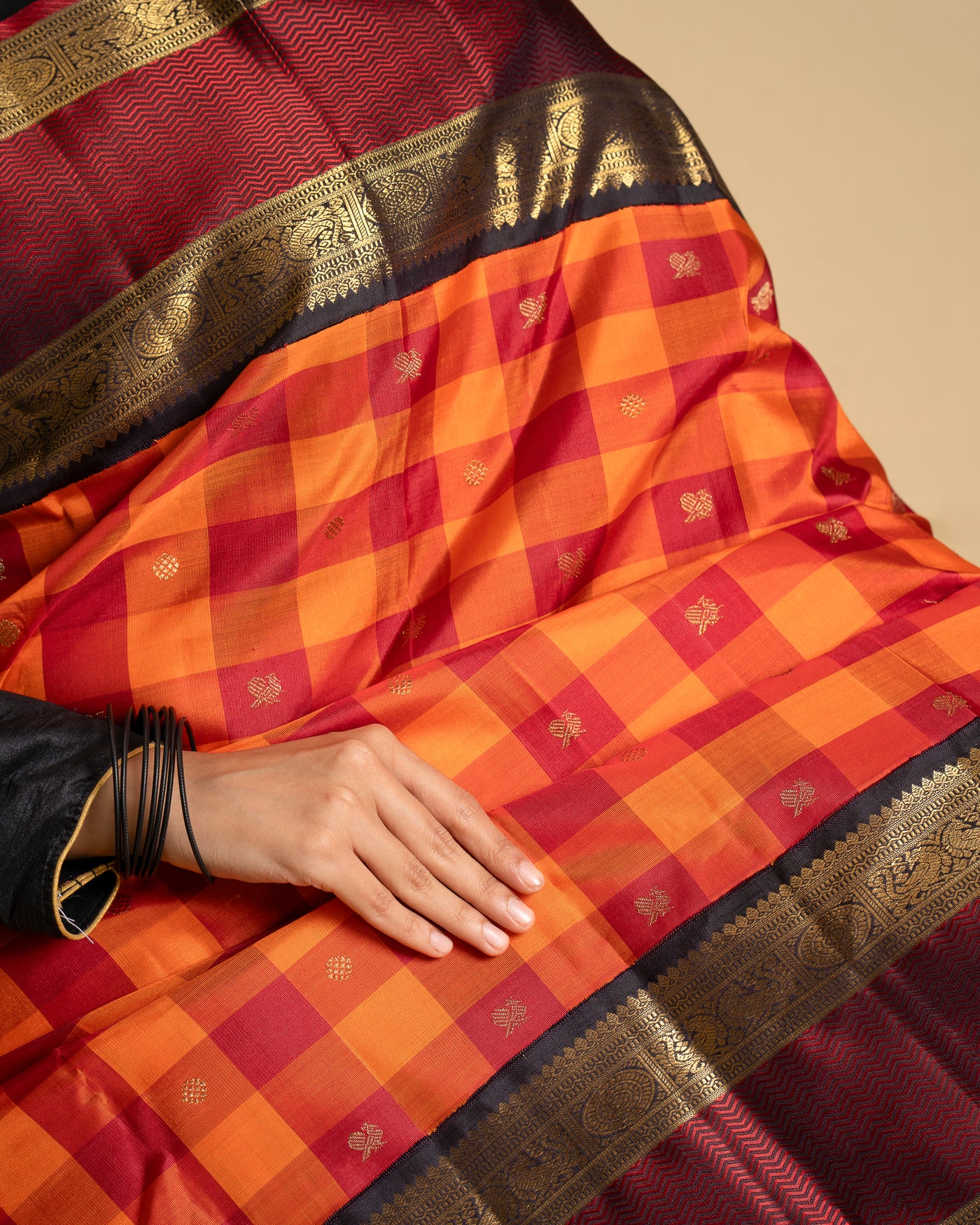 Orange and Maroon Pure Zari Checks Kanchipuram Silk Saree - Clio Silks