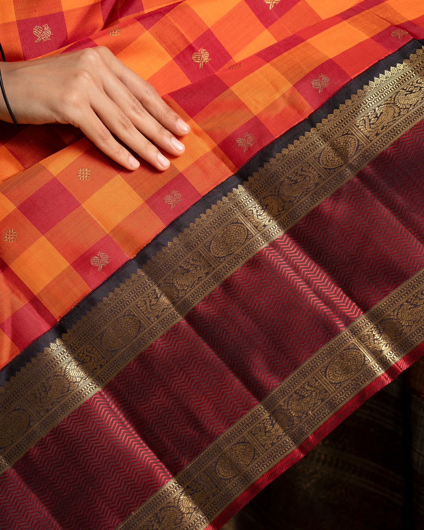 Orange and Maroon Pure Zari Checks Kanchipuram Silk Saree - Clio Silks