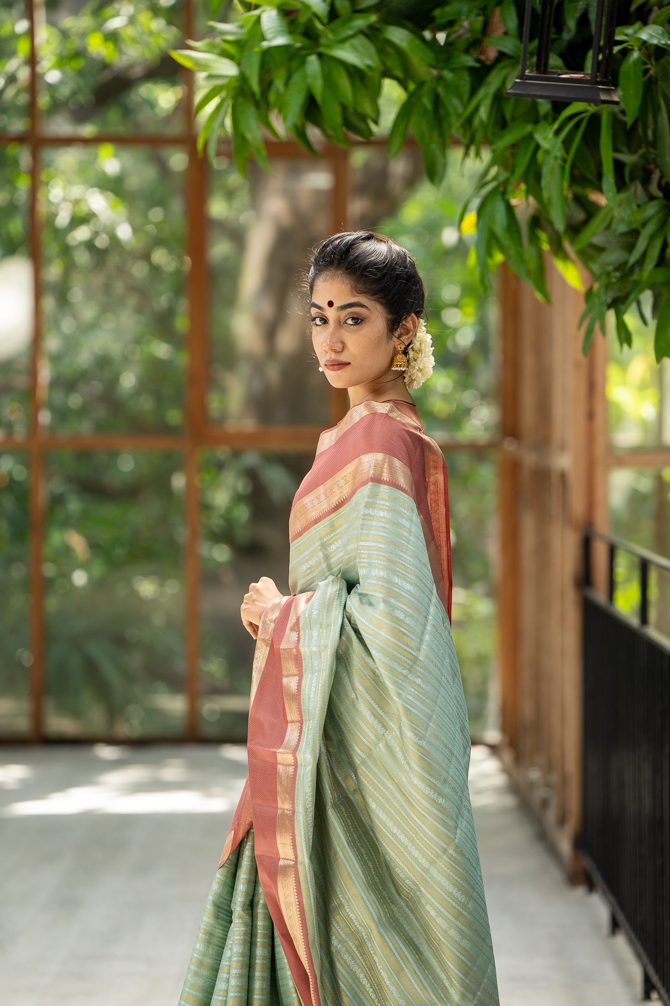 Pastel Green Stripes Pure Zari Kanchipuram Silk Saree - Clio Silks