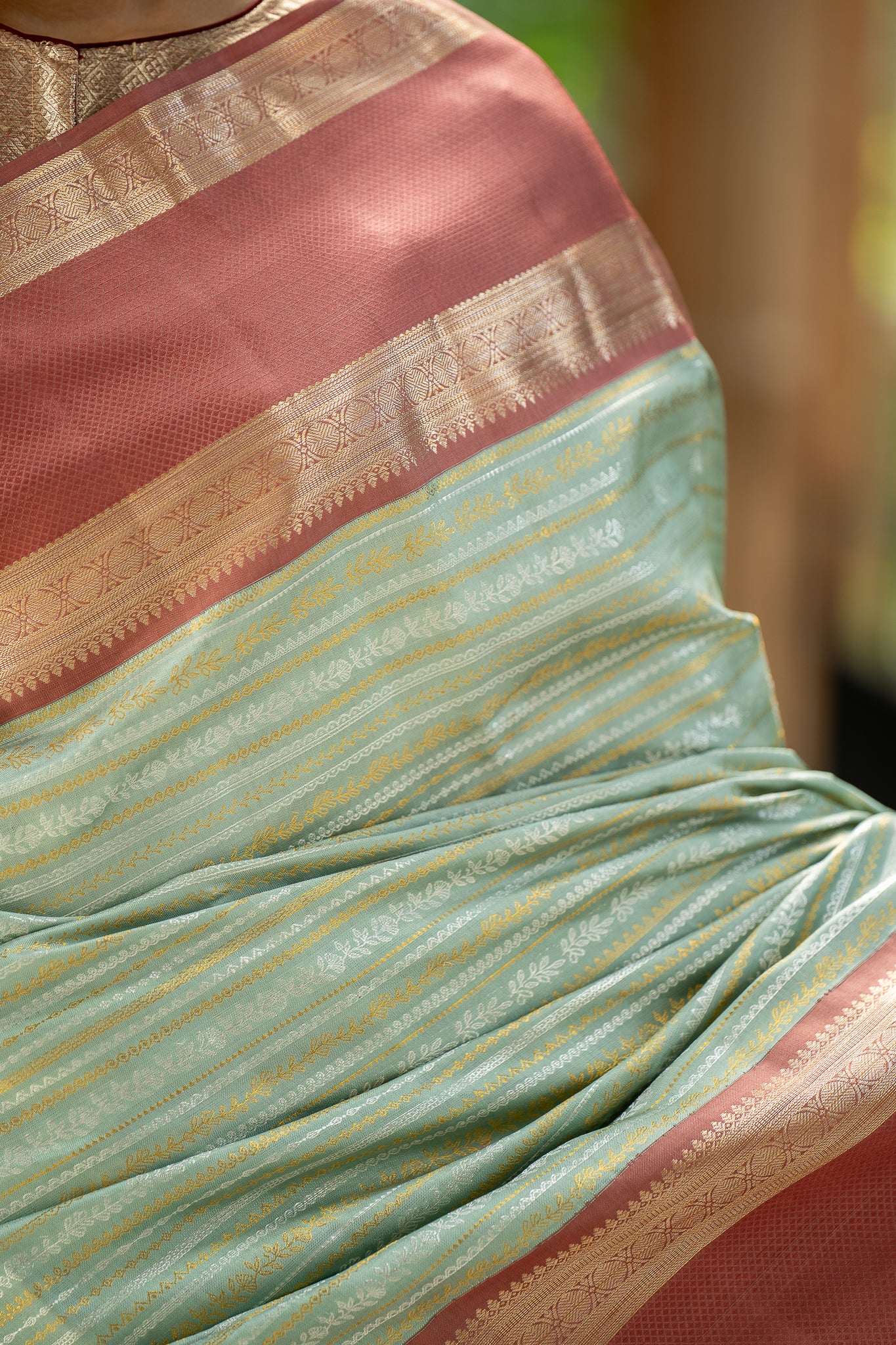 Pastel Green Stripes Pure Zari Kanchipuram Silk Saree - Clio Silks