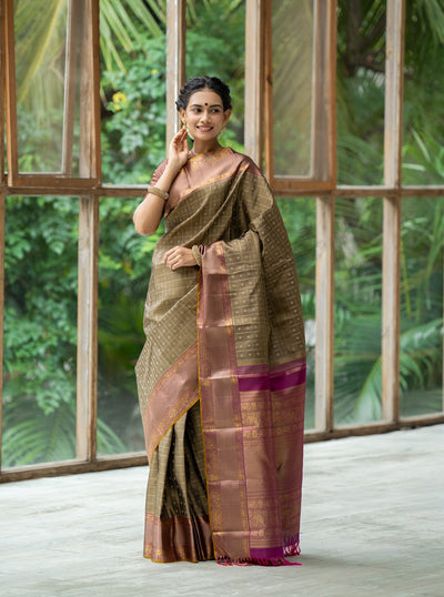 Hazelnut Beige Veldhari Checks Pure Zari Kanchipuram Silk Saree - Clio Silks
