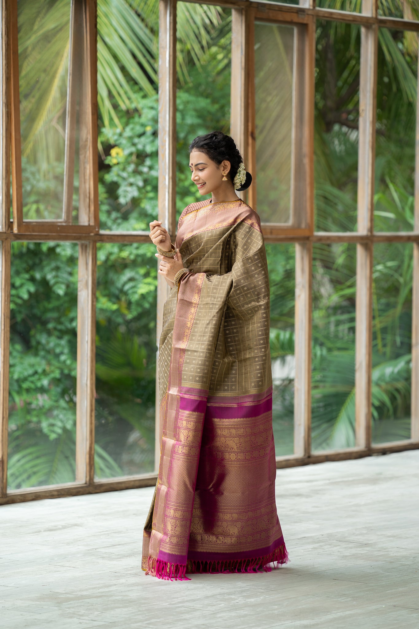 Hazelnut Beige Veldhari Checks Pure Zari Kanchipuram Silk Saree - Clio Silks