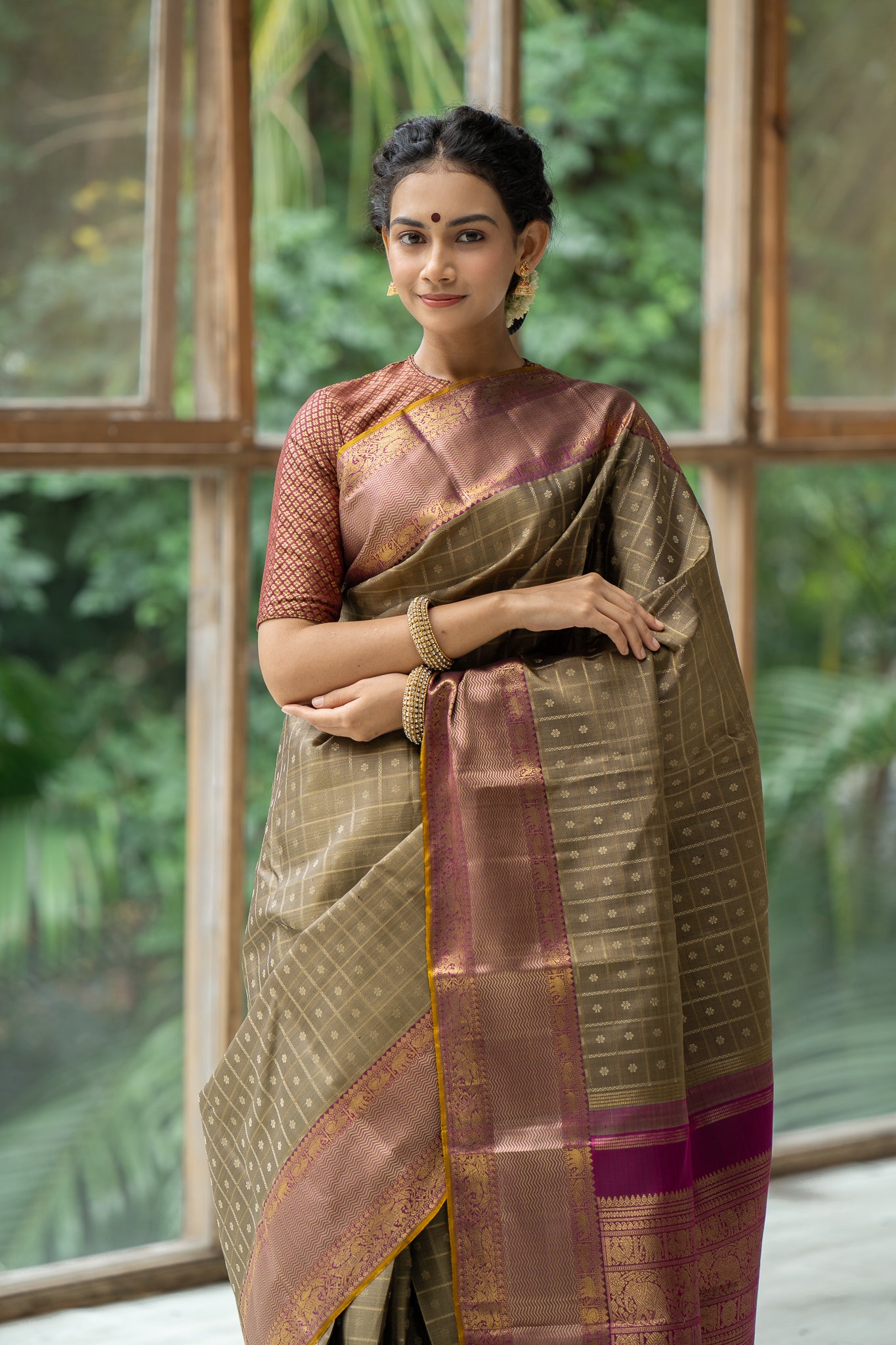 Hazelnut Beige Veldhari Checks Pure Zari Kanchipuram Silk Saree - Clio Silks