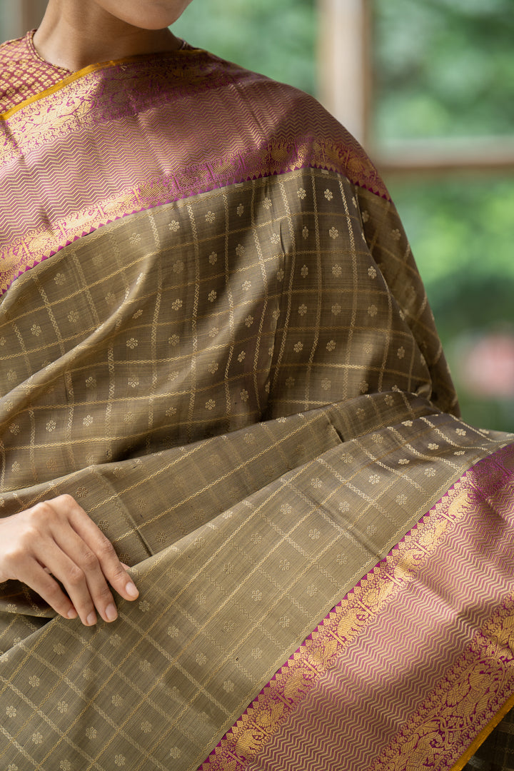 Hazelnut Beige Veldhari Checks Pure Zari Kanchipuram Silk Saree - Clio Silks