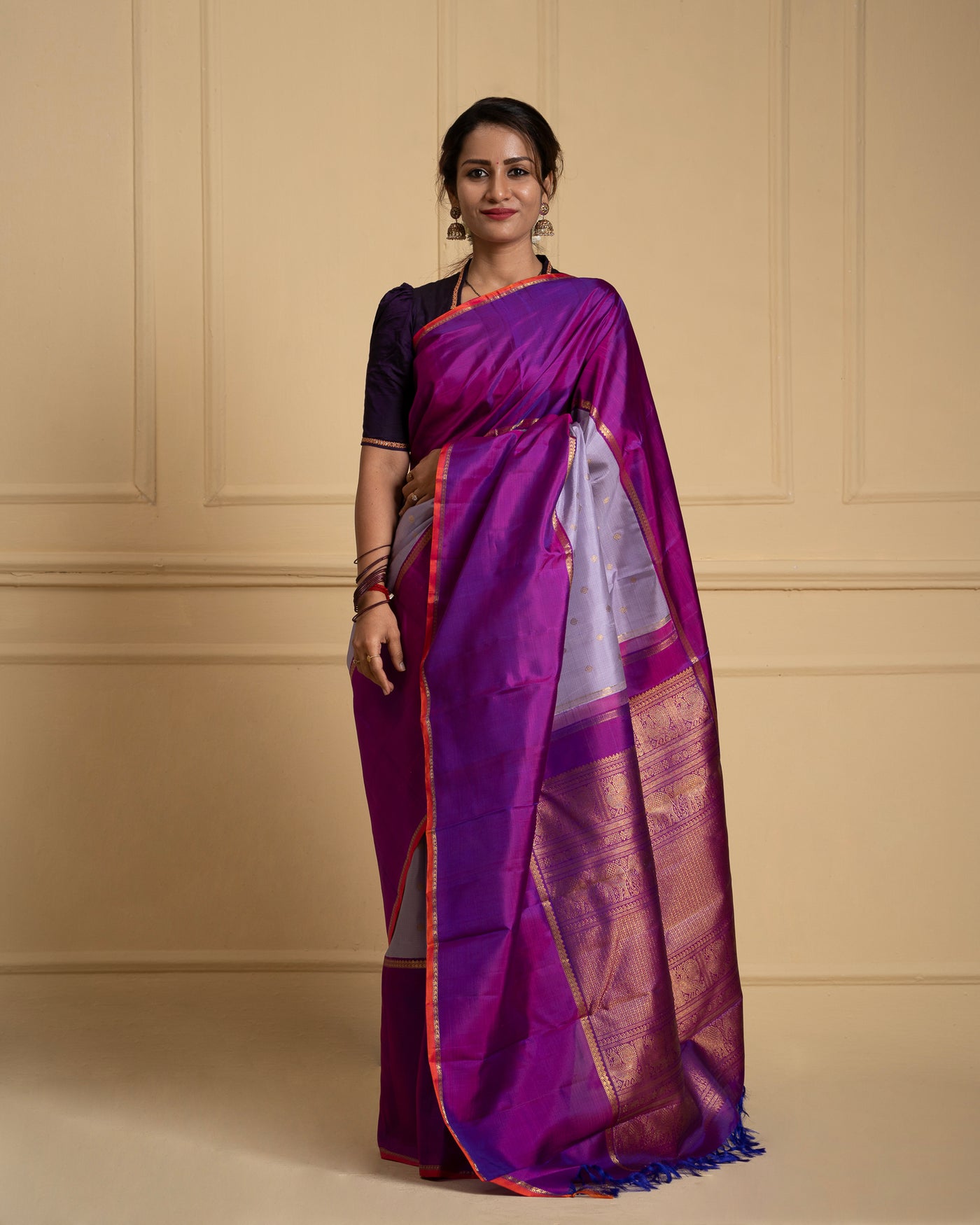 Lilac Checks and Purple Pure Zari Kanchipuram Silk Saree - Clio Silks
