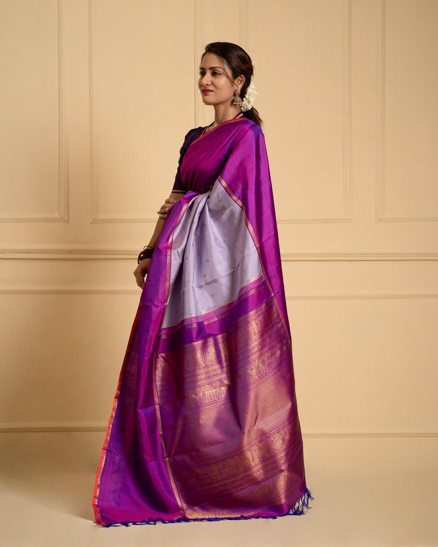 Lilac Checks and Purple Pure Zari Kanchipuram Silk Saree - Clio Silks