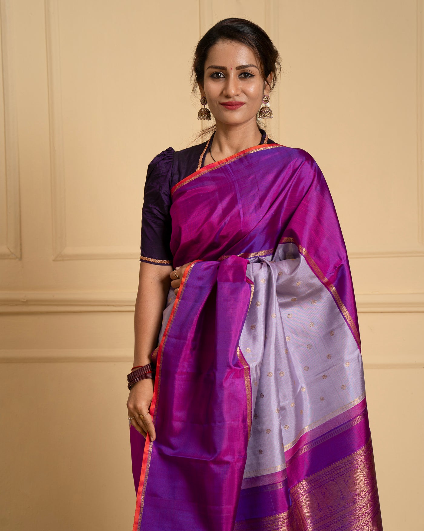 Lilac Checks and Purple Pure Zari Kanchipuram Silk Saree - Clio Silks