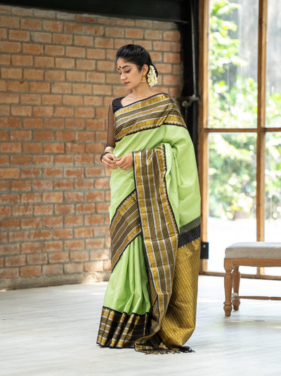 Spring Green and Black Checks Pure Kanchipuram Silk Saree - Clio Silks