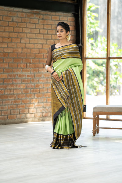 Spring Green and Black Checks Pure Kanchipuram Silk Saree - Clio Silks
