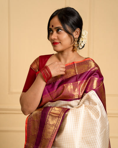 Pearl White Checks and Magenta Pure Zari Kanchipuram Silk Saree - Clio Silks