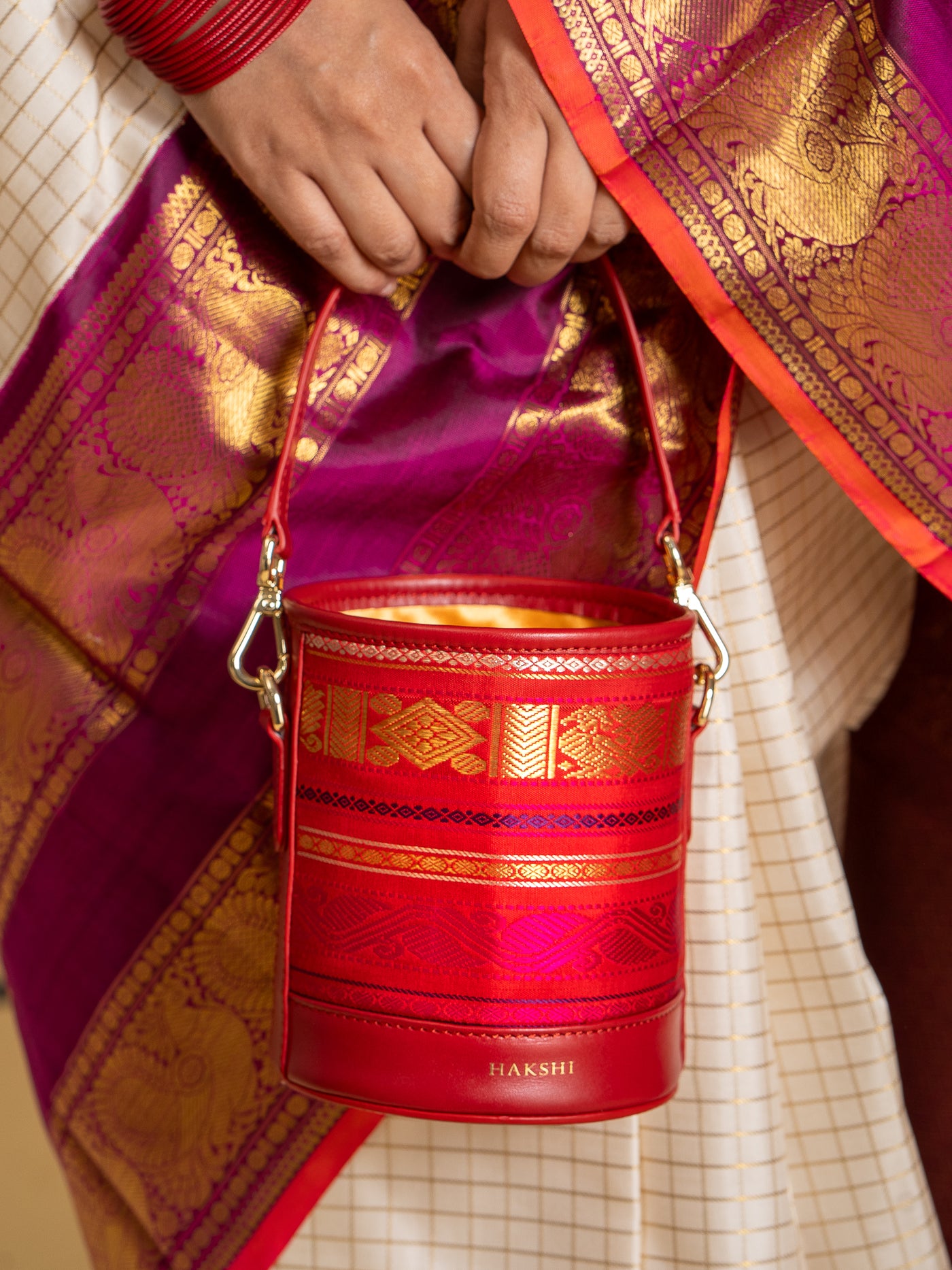 Adhya Pure Zari Bucket Bag Red & Red - Clio Silks
