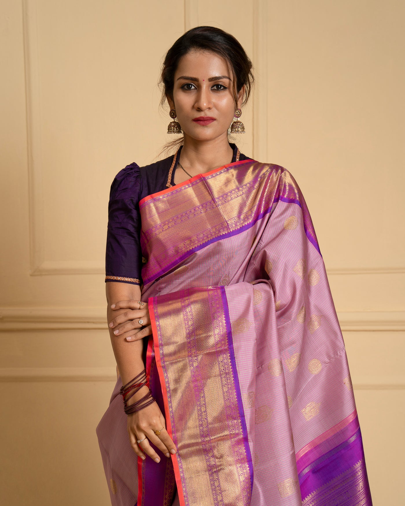 Pastel Lilac Checks Pure Zari Kanchipuram Silk Saree - Clio Silks