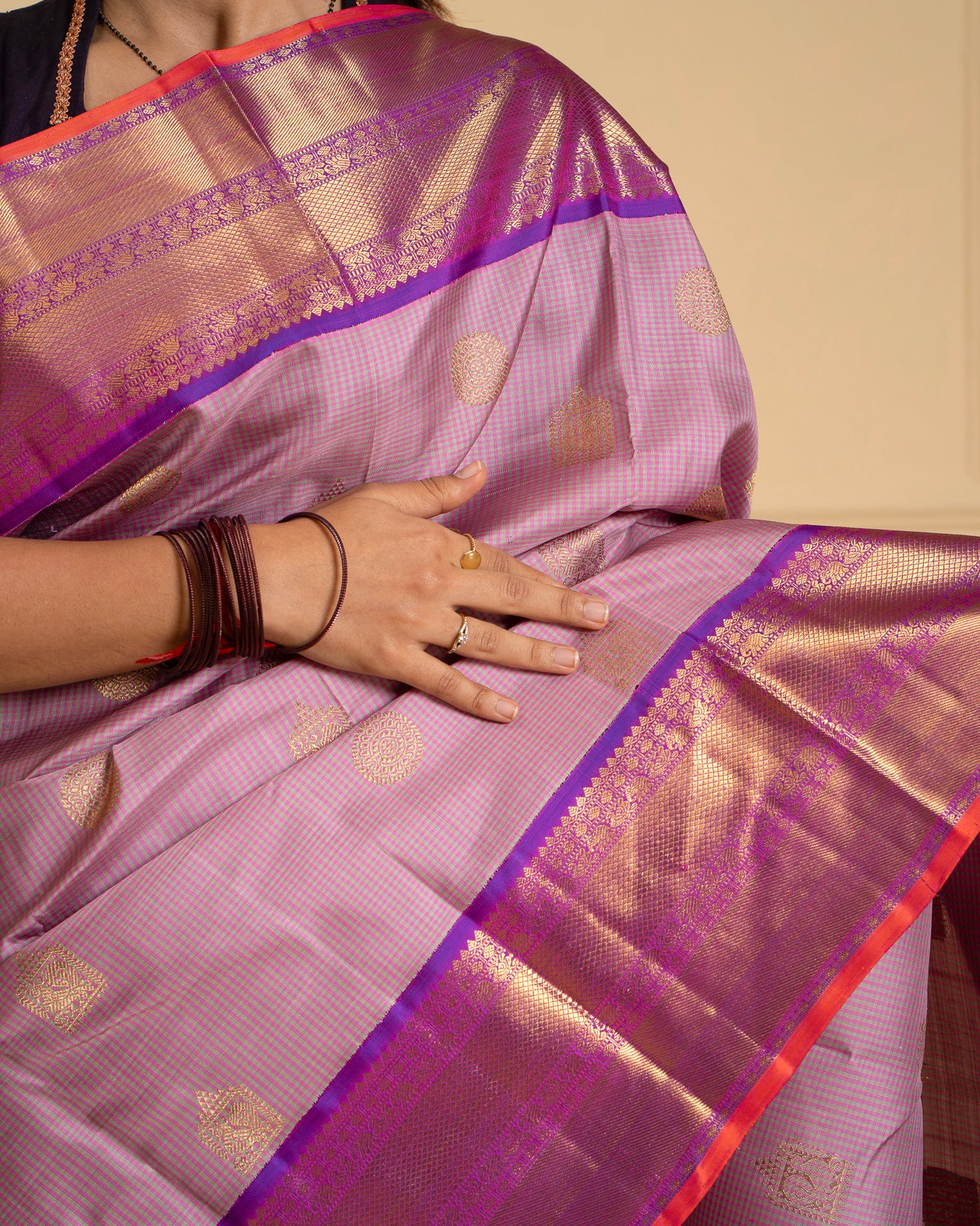 Pastel Lilac Checks Pure Zari Kanchipuram Silk Saree - Clio Silks