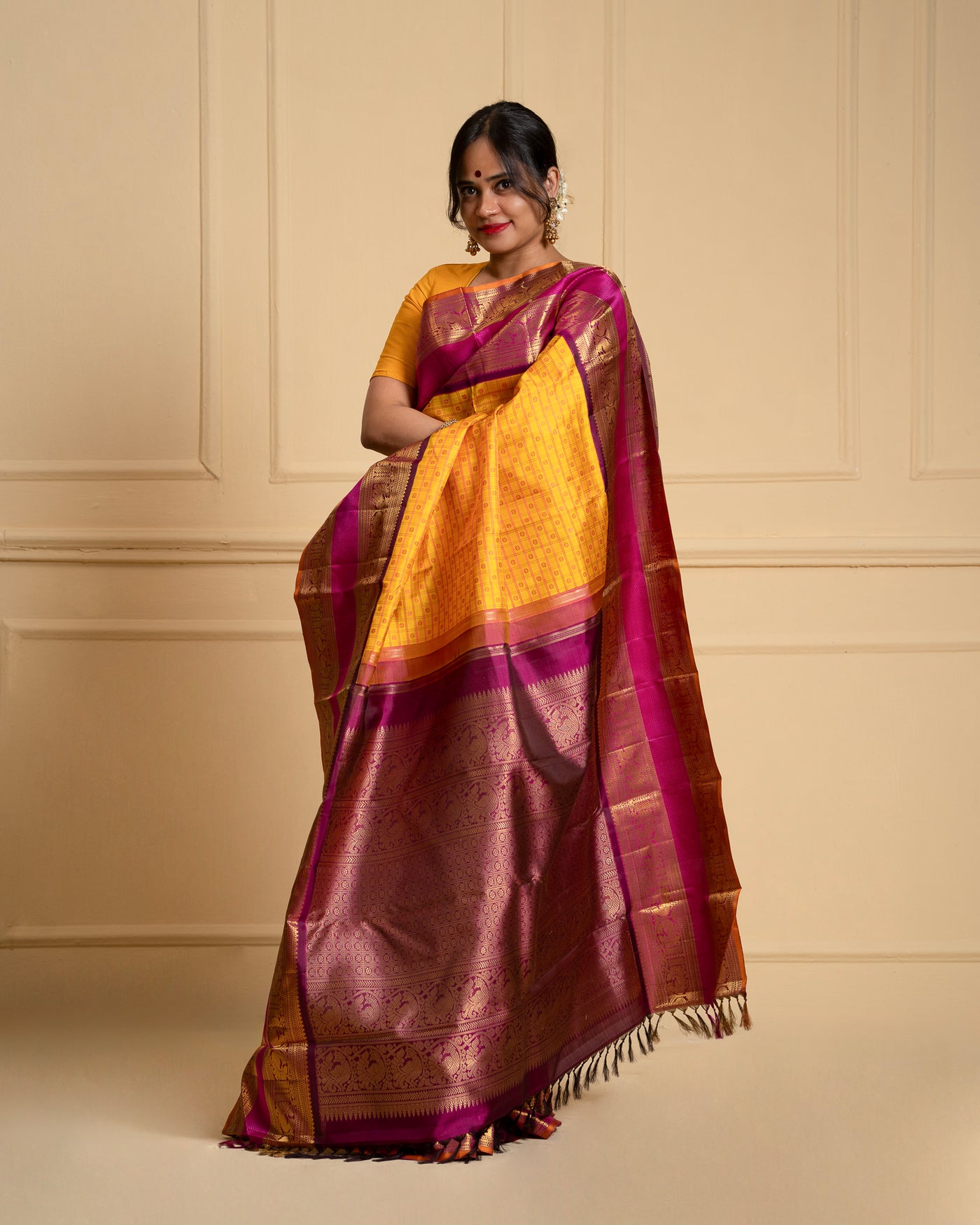Yellow and Magenta Pure Zari Kanchipuram Silk Saree - Clio Silks