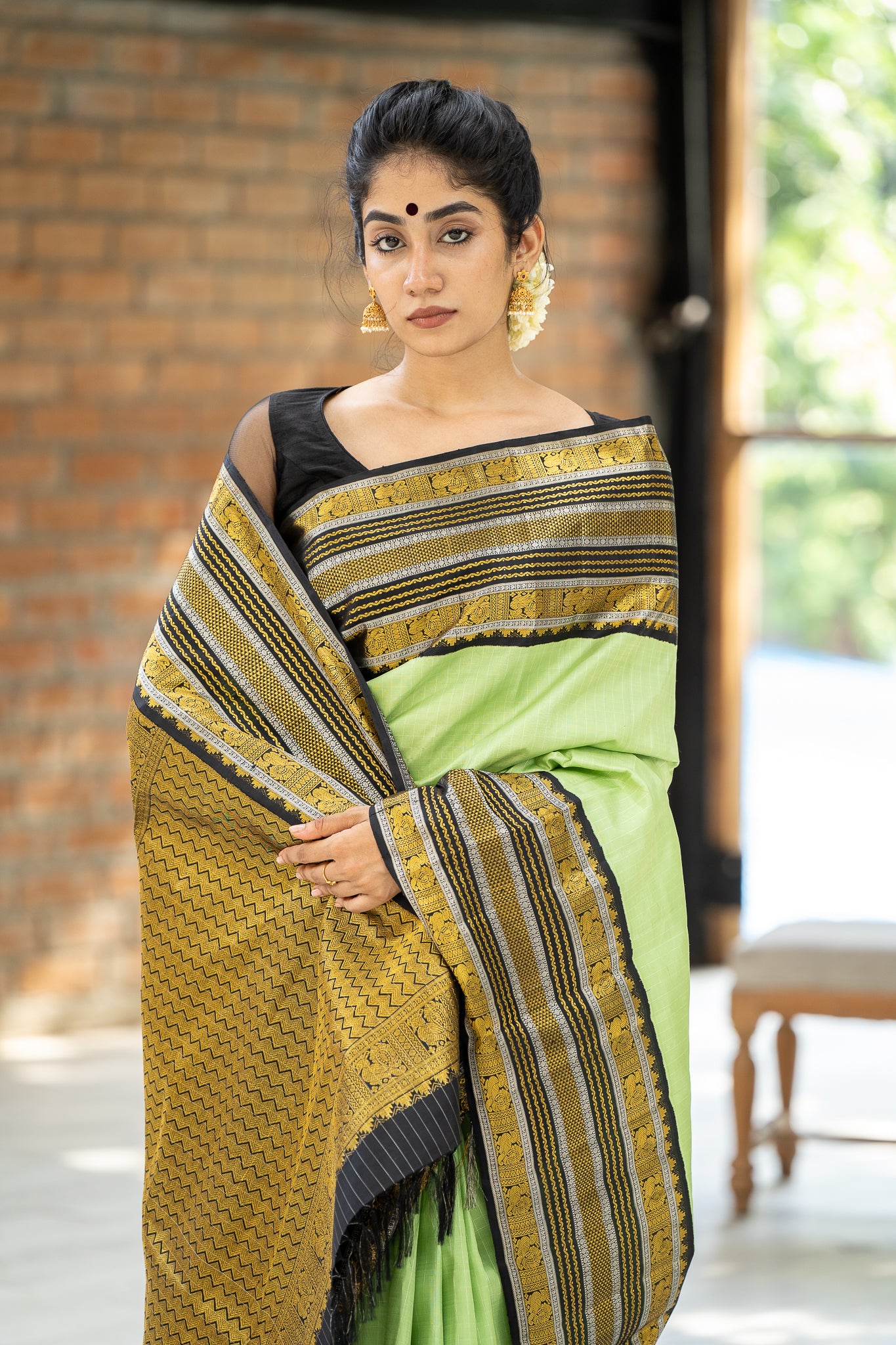 Spring Green and Black Checks Pure Kanchipuram Silk Saree - Clio Silks