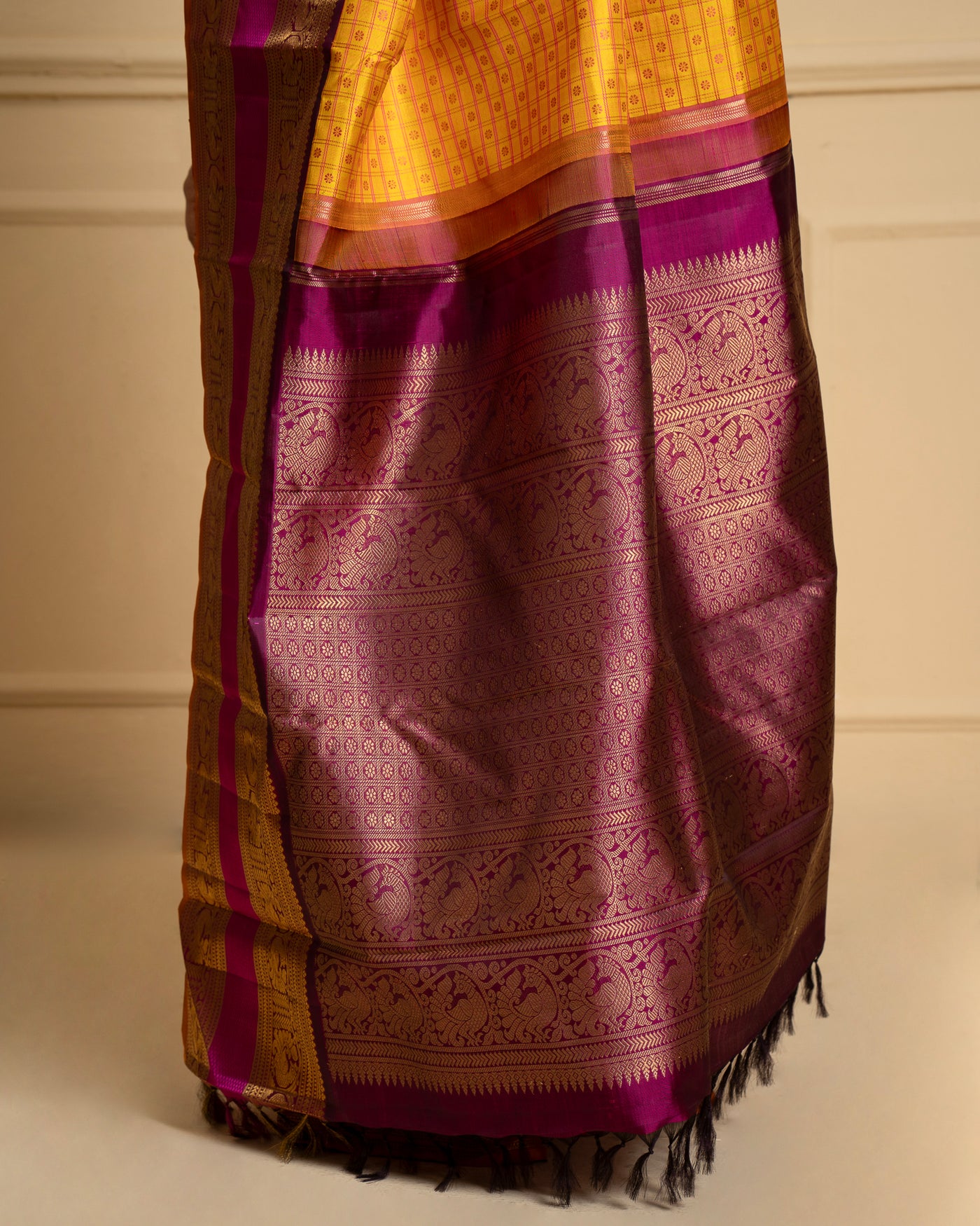 Yellow and Magenta Pure Zari Kanchipuram Silk Saree - Clio Silks