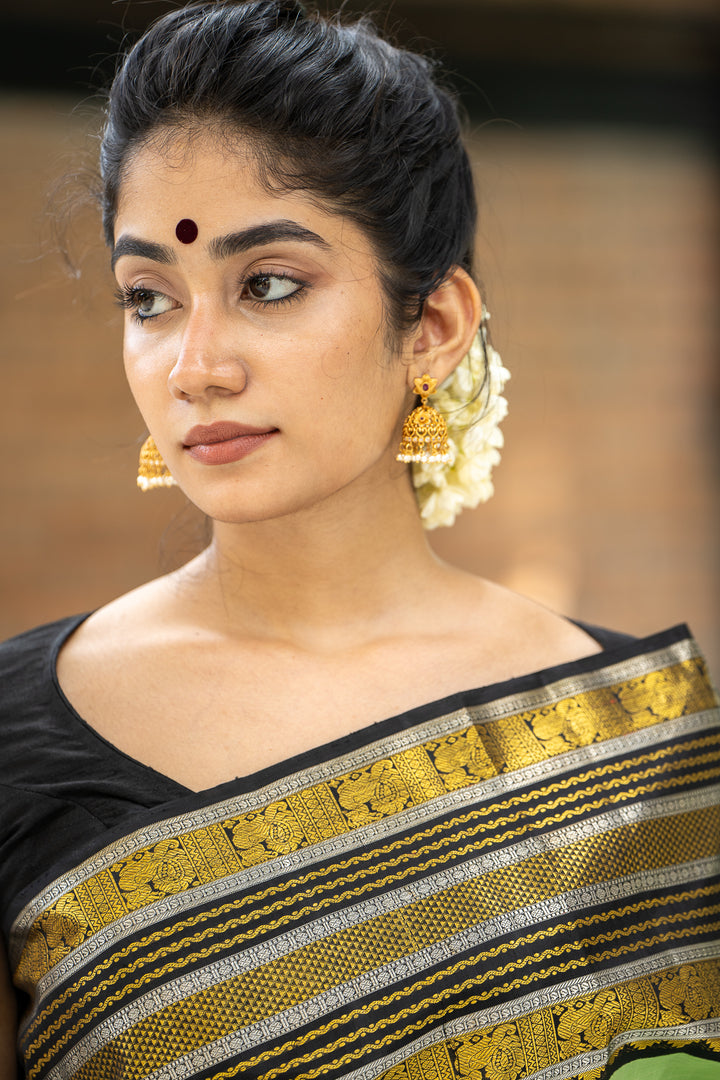 Spring Green and Black Checks Pure Kanchipuram Silk Saree - Clio Silks