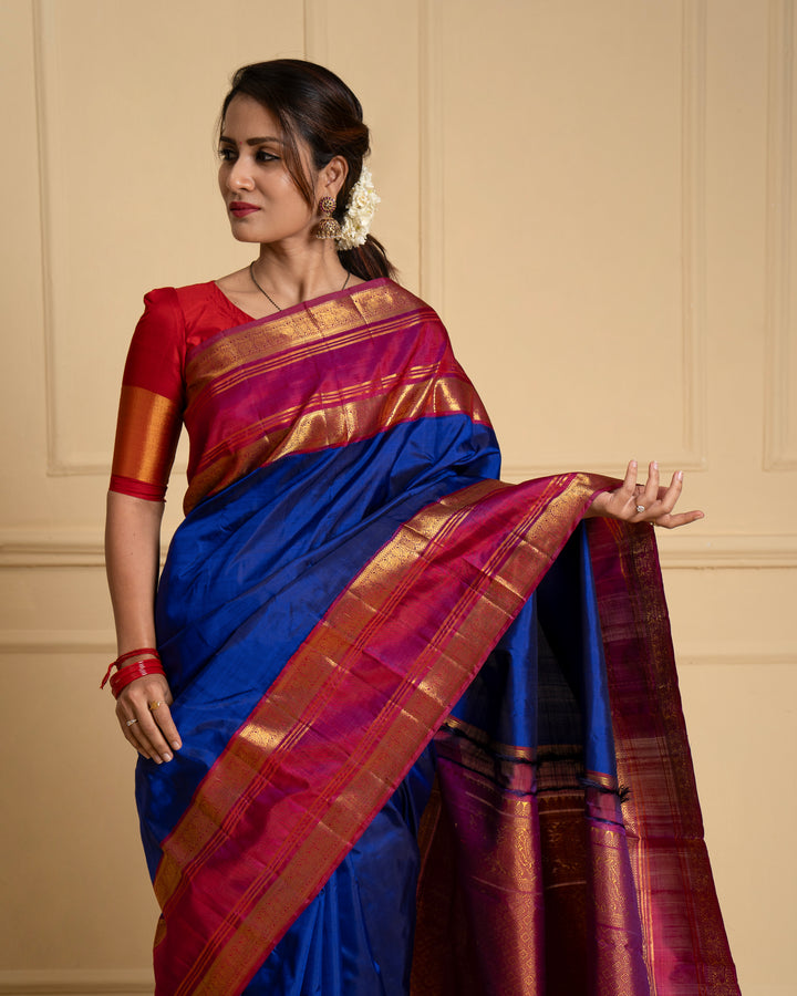 Royal Blue Traditional Pure Kanchipuram Silk Saree - Clio Silks