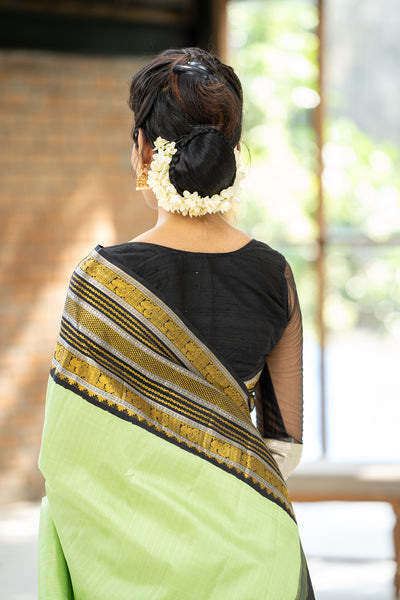 Spring Green and Black Checks Pure Kanchipuram Silk Saree - Clio Silks