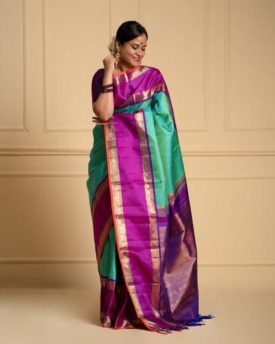 Teal Green Pure Zari Stripes Kanchipuram Silk Saree - Clio Silks