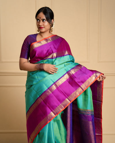 Teal Green Pure Zari Stripes Kanchipuram Silk Saree - Clio Silks