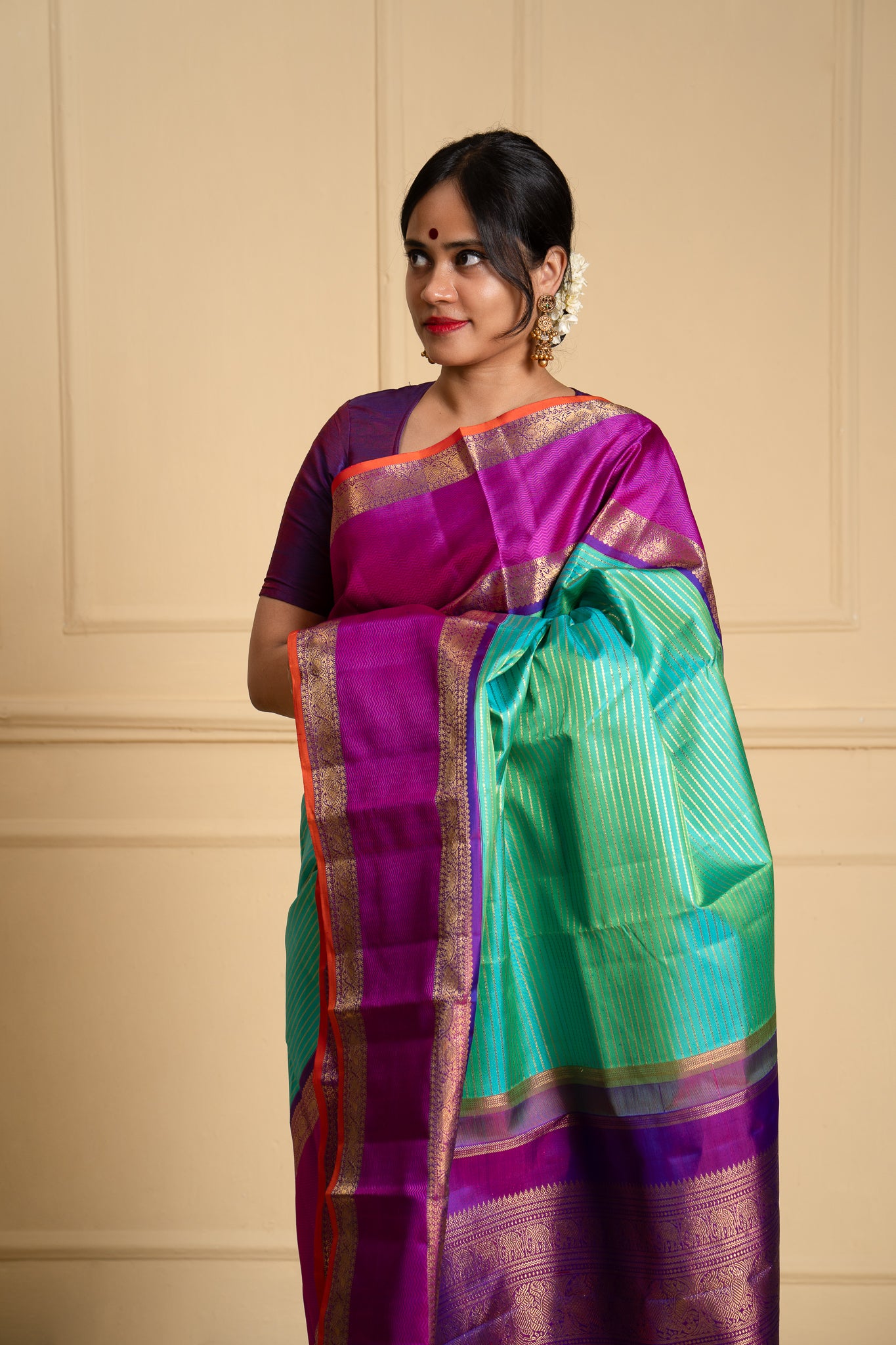 Teal Green Pure Zari Stripes Kanchipuram Silk Saree - Clio Silks