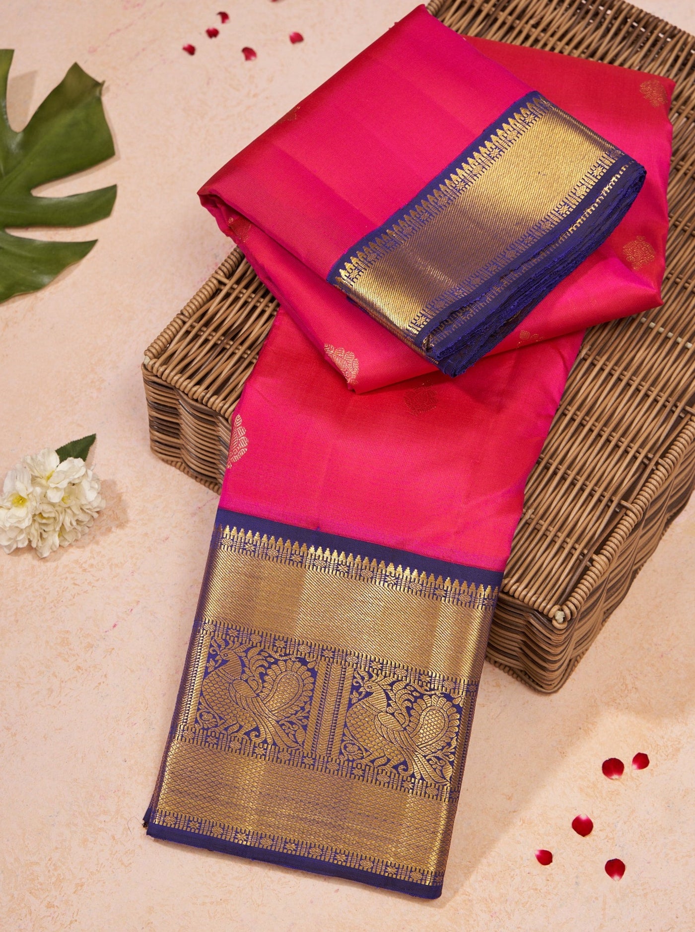 Rani Pink and Navy Blue Traditional Pure Kanjivaram Silk Saree - Clio Silks