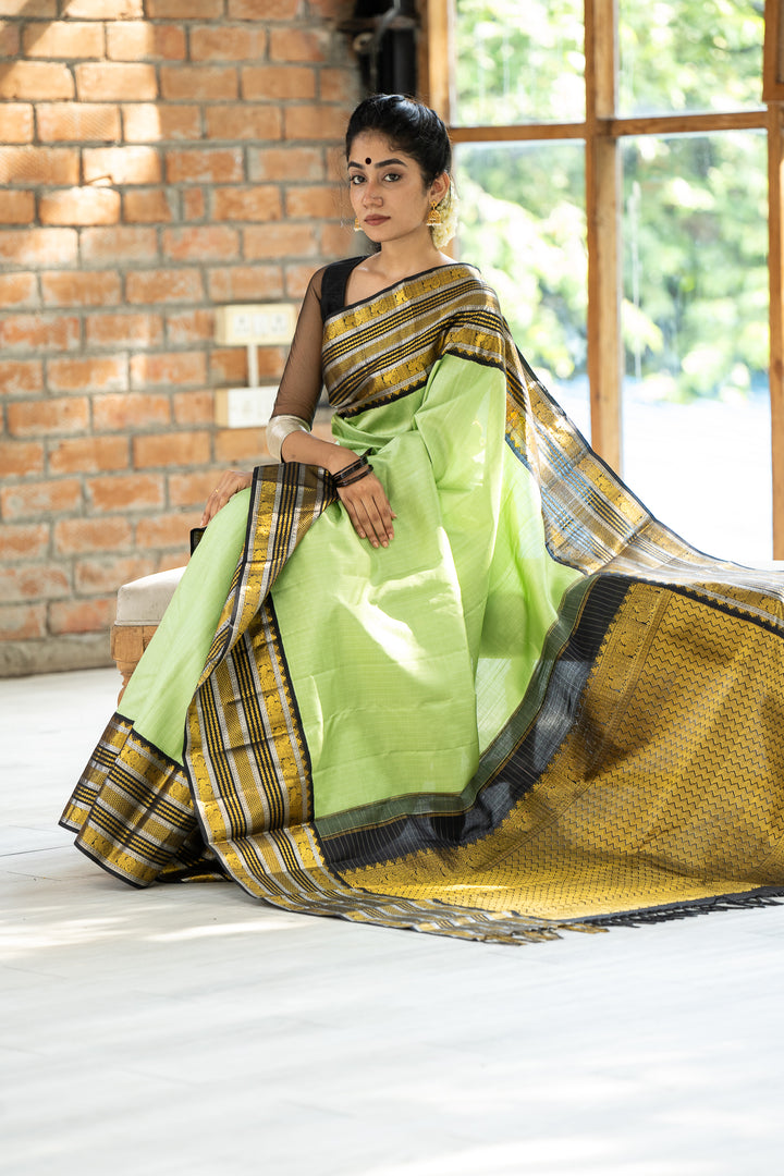 Spring Green and Black Checks Pure Kanchipuram Silk Saree - Clio Silks