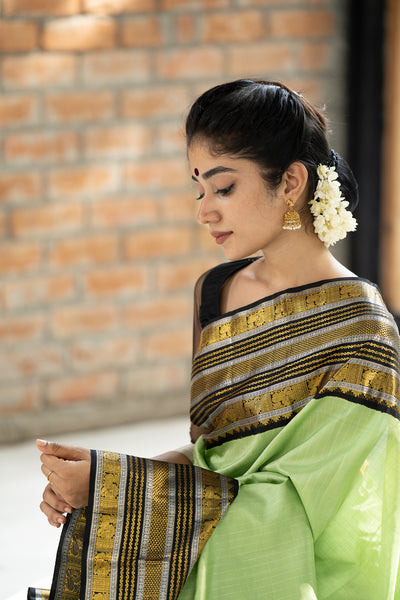 Spring Green and Black Checks Pure Kanchipuram Silk Saree - Clio Silks