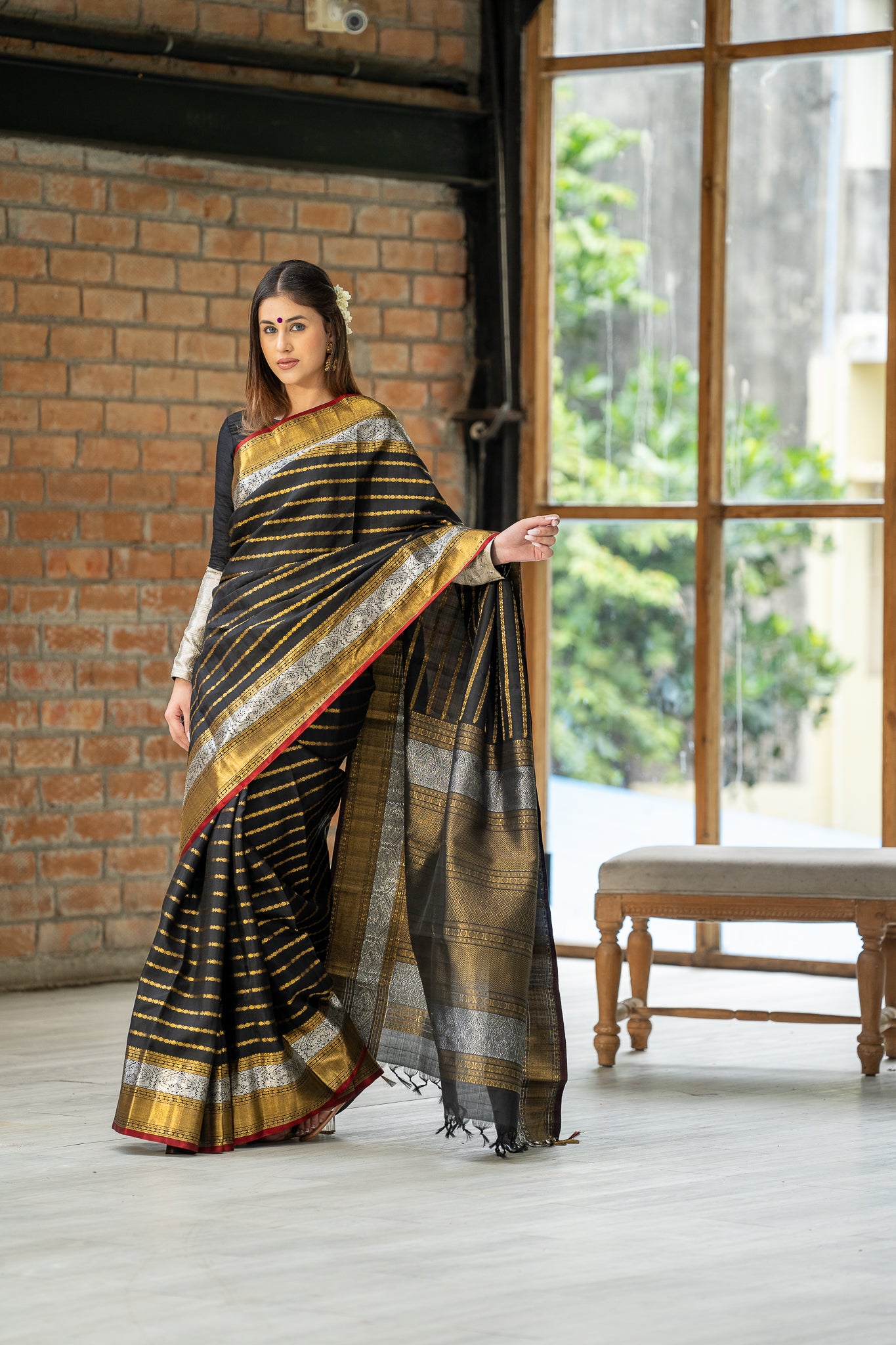 Black Zari Stripes Pure Kanchipuram Silk Saree - Clio Silks
